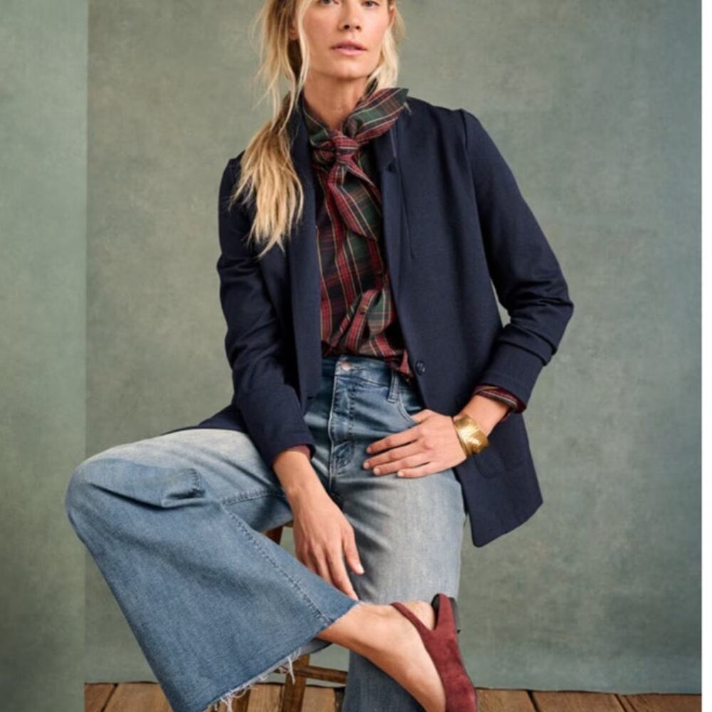 Garnet Hill Long Knit Blazer Navy Blue Tencel Wool Blend Jacket Size 8